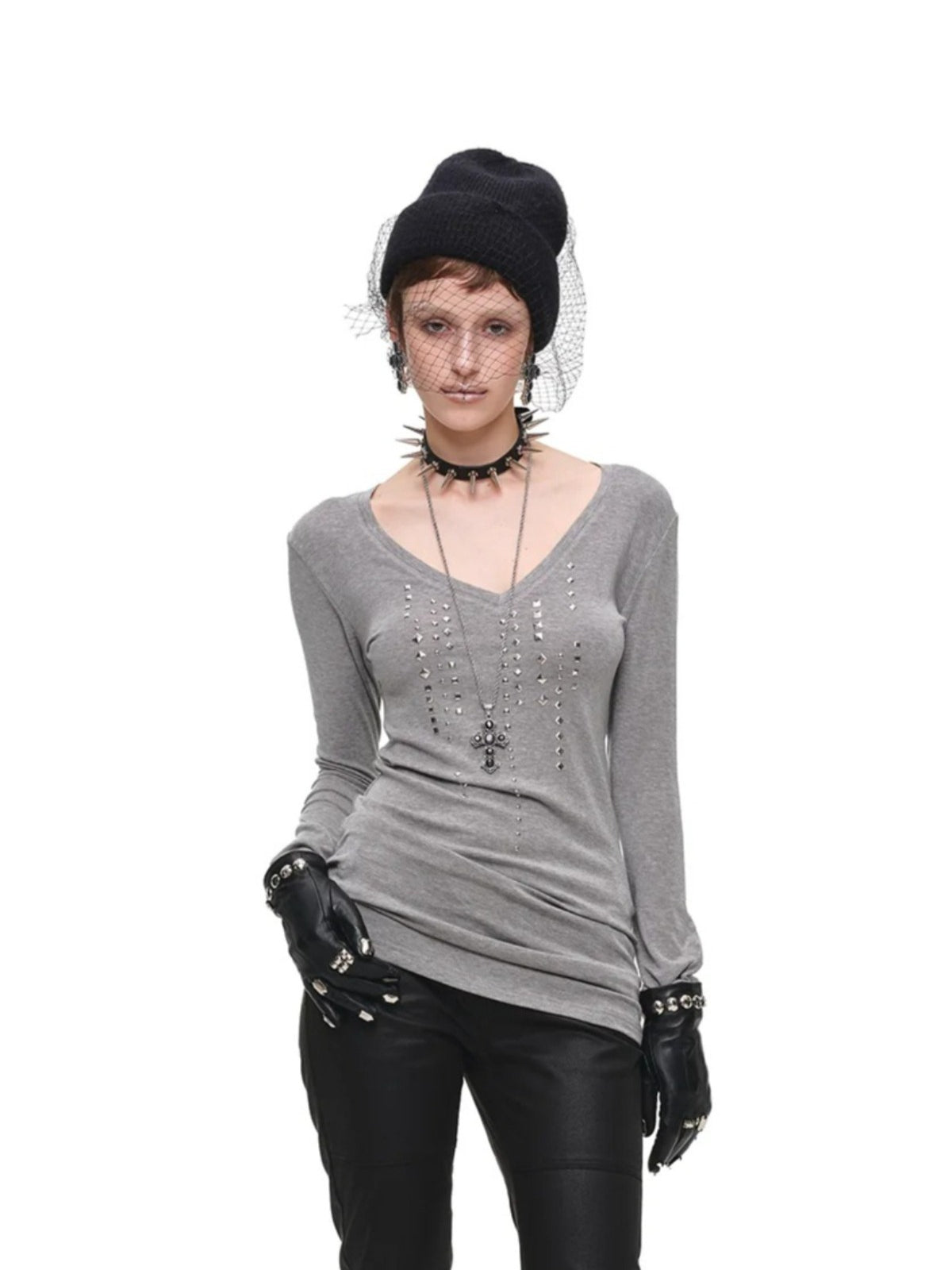 Rhinestone V Neck Knit Top