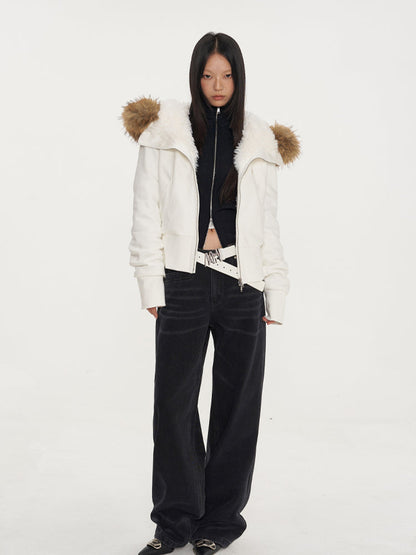 Fur Collar Fleece-Lined Short Coat
