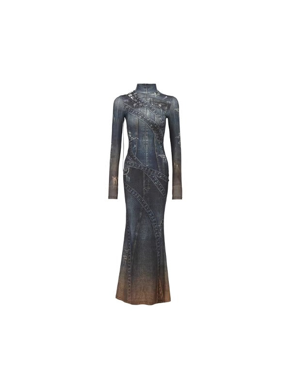 Denim Print Long High Neck Dress