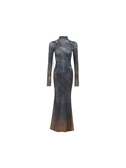 Denim Print Long High Neck Dress