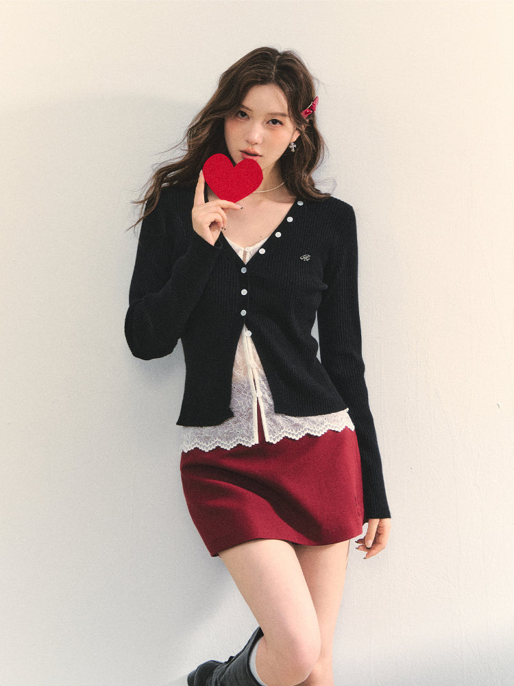 Lace Tie Fake Two-Piece Knitted Cardigan