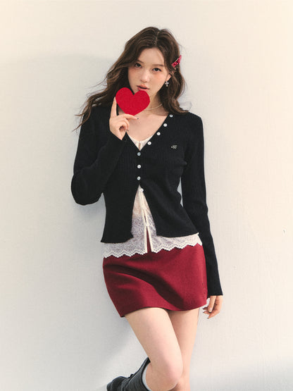 Lace Tie Fake Two-Piece Knitted Cardigan