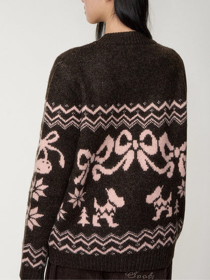 Fair Isle Bow Henry-Collar Sweater