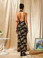 Black Gold Halter Qipao Evening Dress