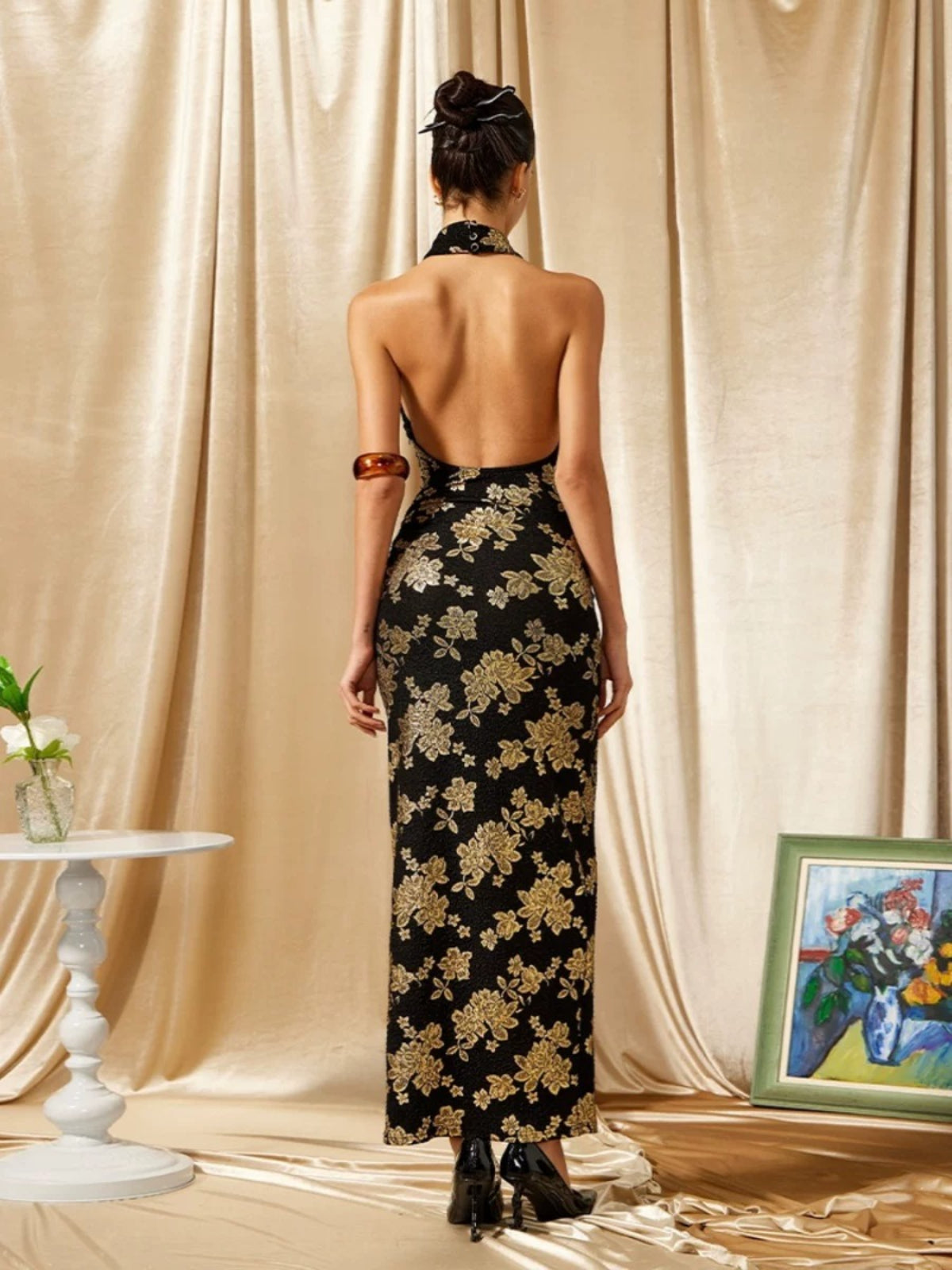 Black Gold Halter Qipao Evening Dress