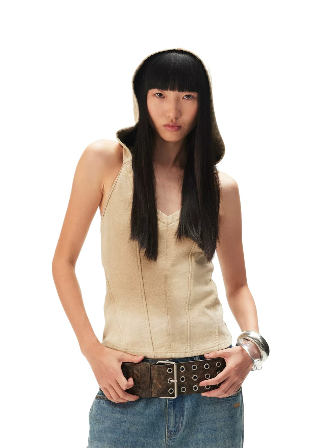 Hooded V-Neck Distressed Sleeveless Top