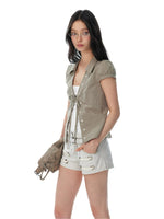 Tie Waist Puff Sleeve Short Blouse