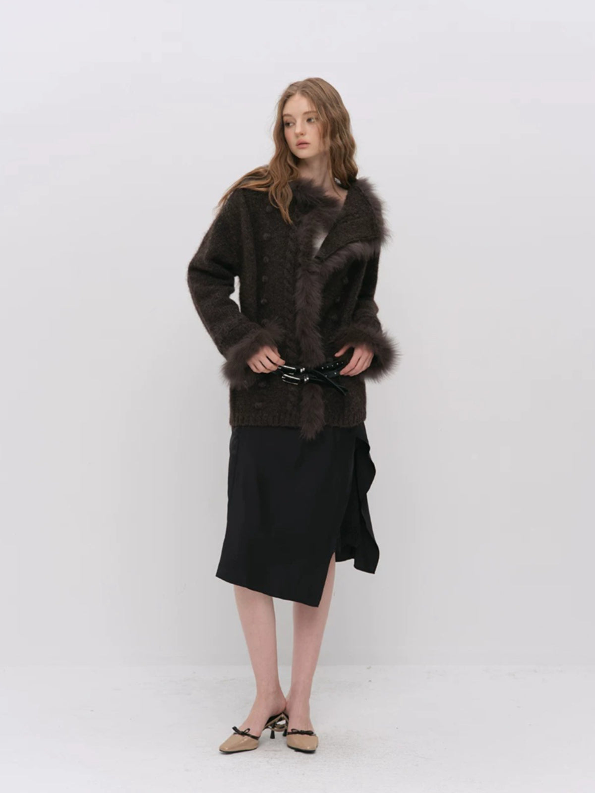 Fox Fur Trim Knit Coat