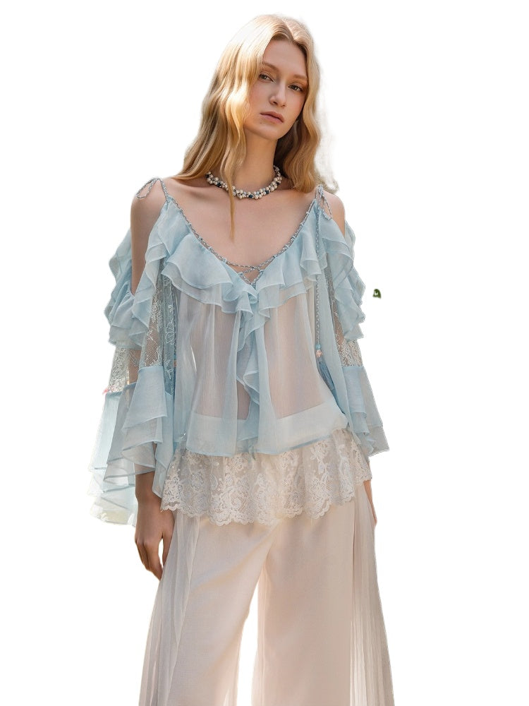 Flowy Chiffon Ruffle V-neck Shirt