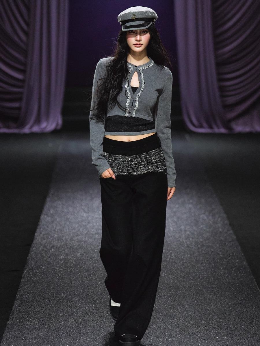 Contrast Waistband Tweed-Panel Straight Pants