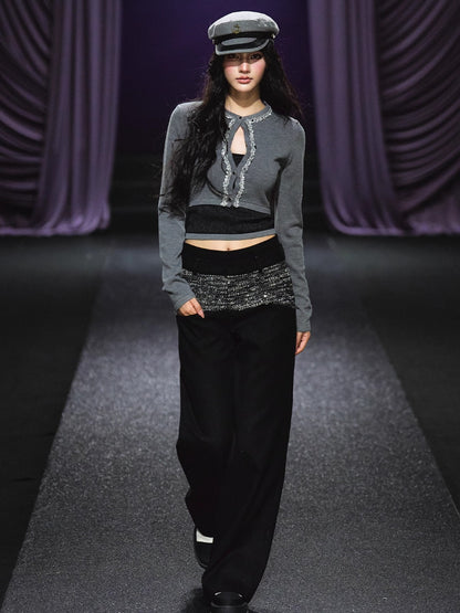 Contrast Waistband Tweed-Panel Straight Pants