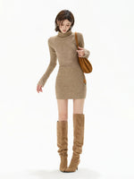 Camel Lace High Neck Knit Dress