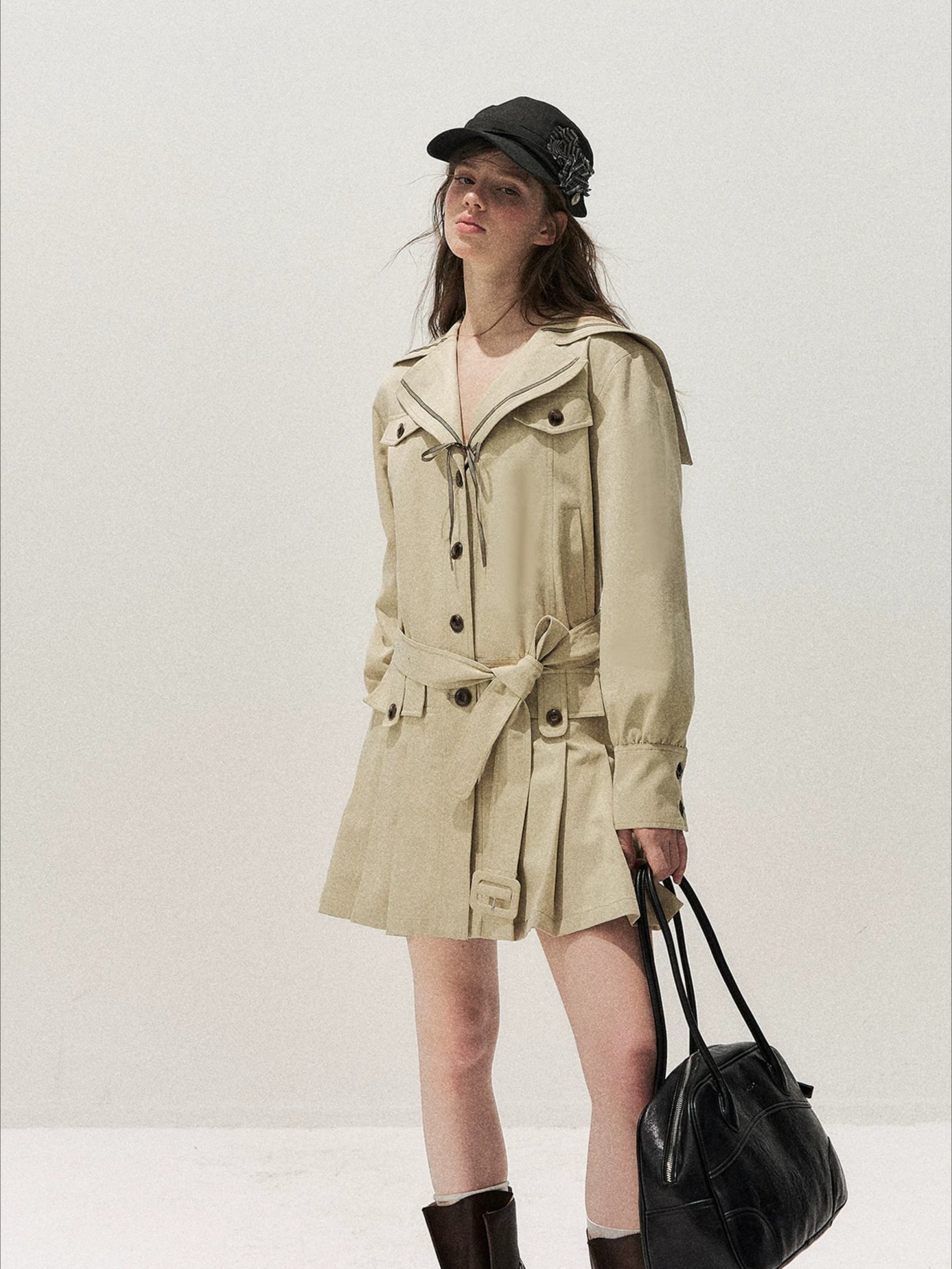 Sailor Collar Pleated Trench Coat