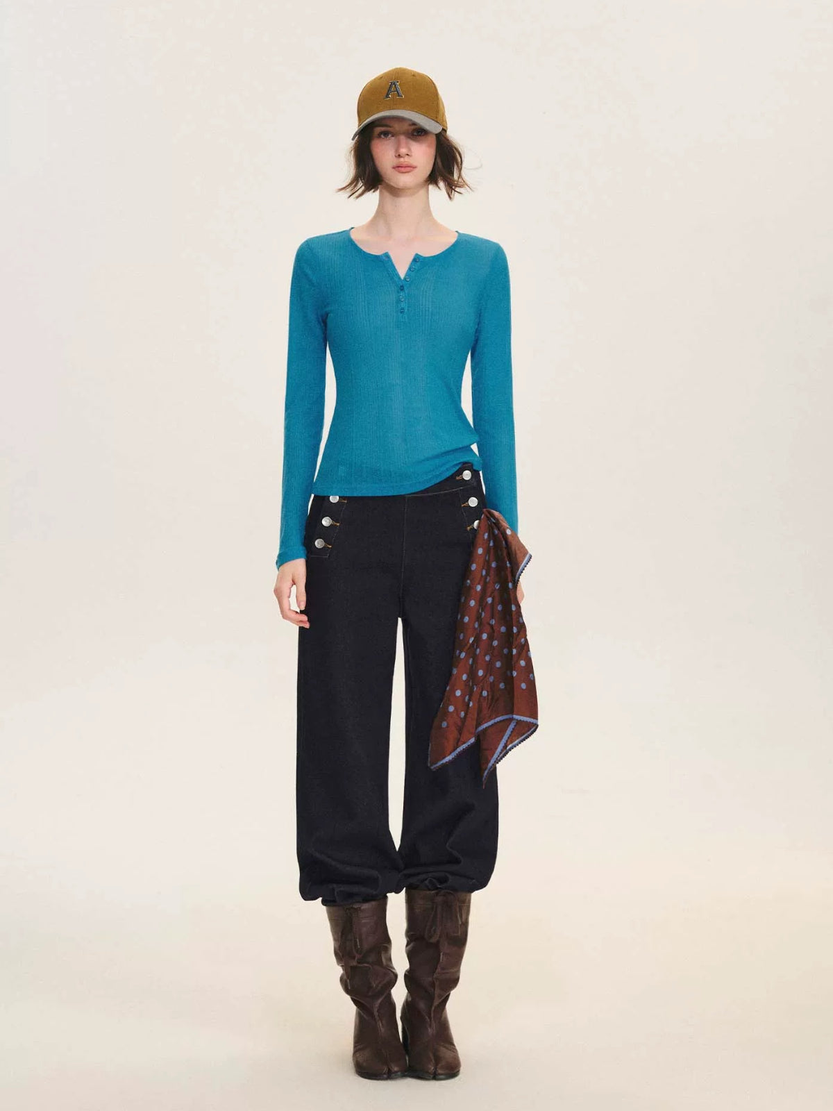 Ribbed Henley Long Sleeve Top