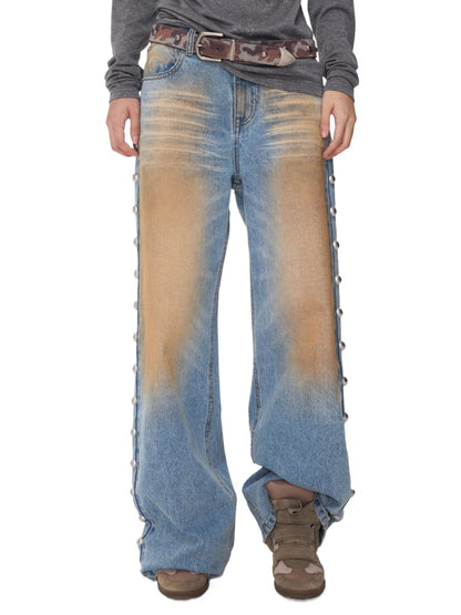 Mud-Dyed Washed Studded Straight-Leg Jeans