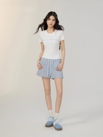 Tencel Sparkling Rhinestone Regular Shoulder T-shirt