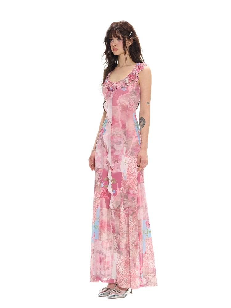 Pink Ruffle Floral Vacation Dress