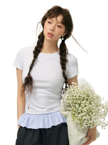 Fake Two-Piece Patchwork Puff Sleeve