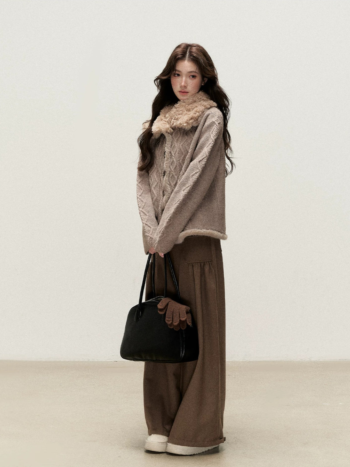 Faux Fur Collar Cable Knit Cardigan