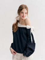 Navy & Pink Bow Off-Shoulder Sweatshirt