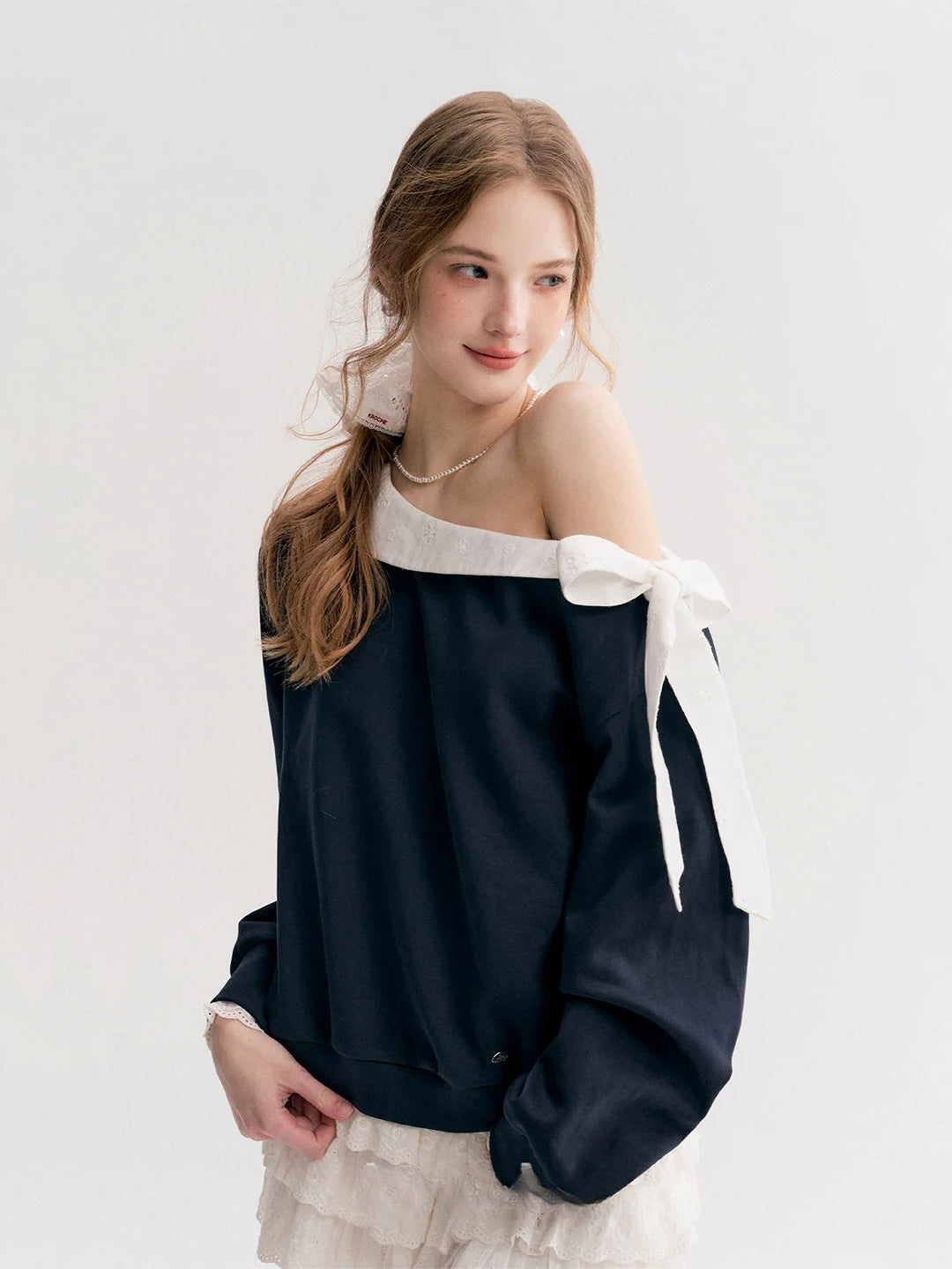 Navy &amp; Pink Bow Off-Shoulder Sweatshirt