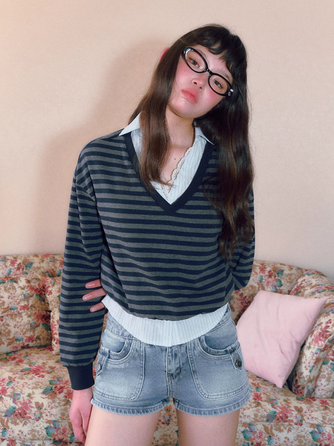 Striped V-Neck Sweatshirt