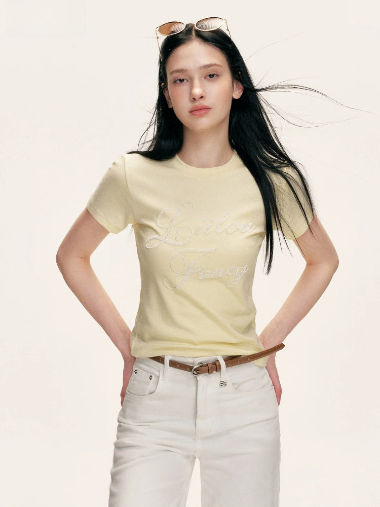 Yellow Beaded Ribbed T-shirt