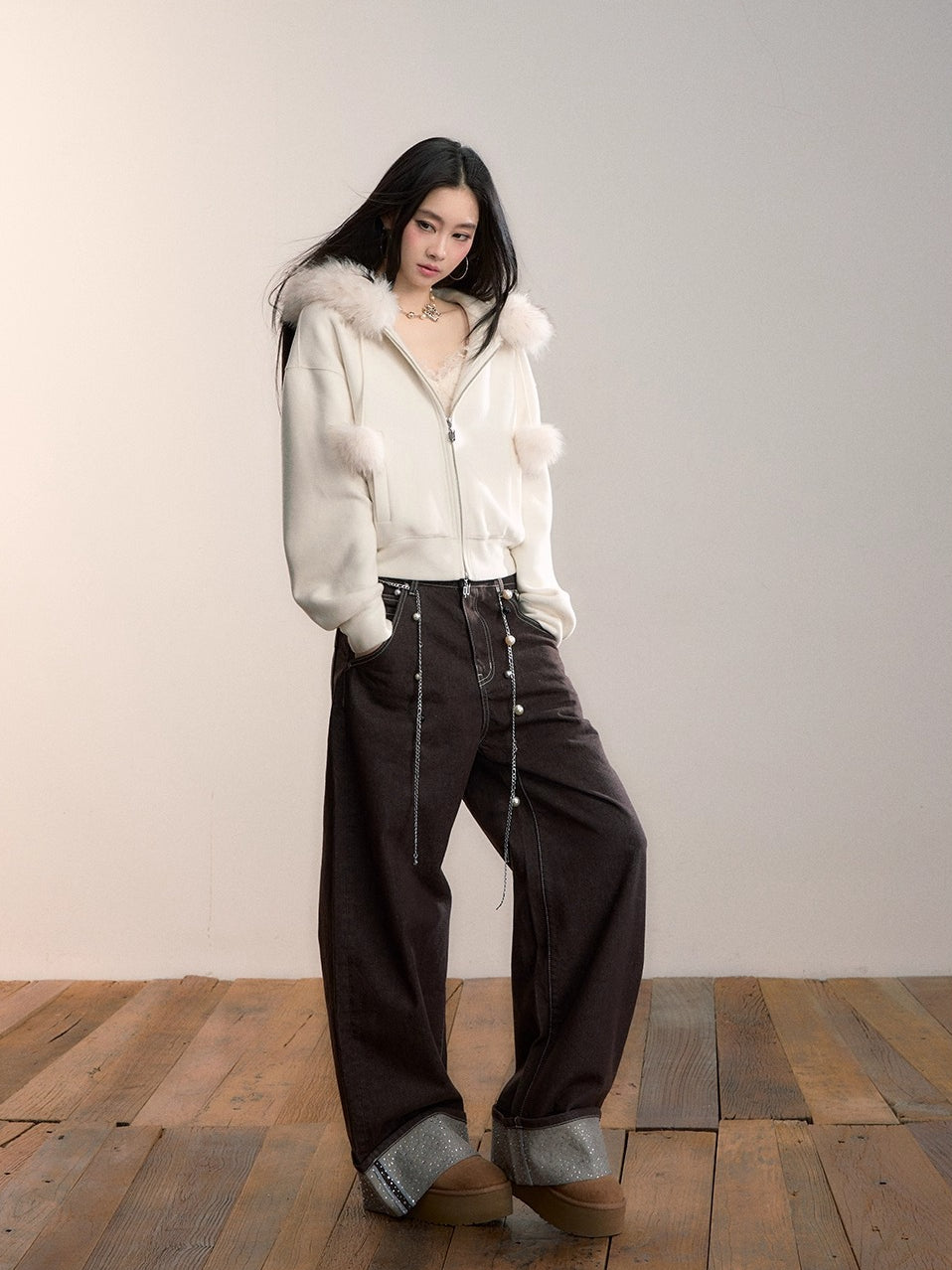 Furry Pom-Pom Hooded Sweatshirt