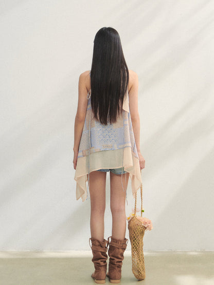Irregular Beaded Strappy Printed Slip Dress