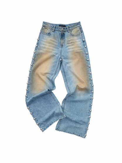 Mud-Dyed Washed Studded Straight-Leg Jeans