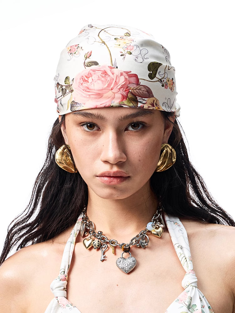 Retro Floral Print Satin Square Scarf