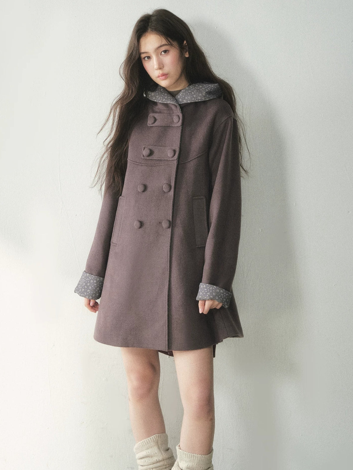 Double-Breasted Floral Hooded Wool Coat
