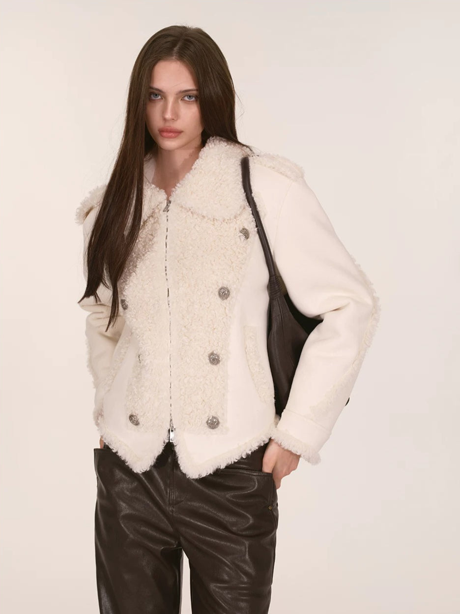 Ivory Double-Breasted Sherpa Panel Jacket
