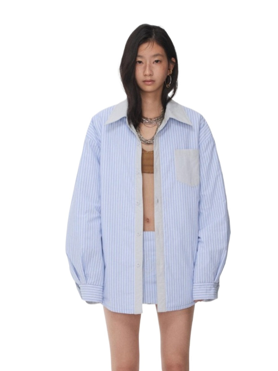 Embroidered Striped Reversible Cotton Padded Shirt &amp; Skirt Set