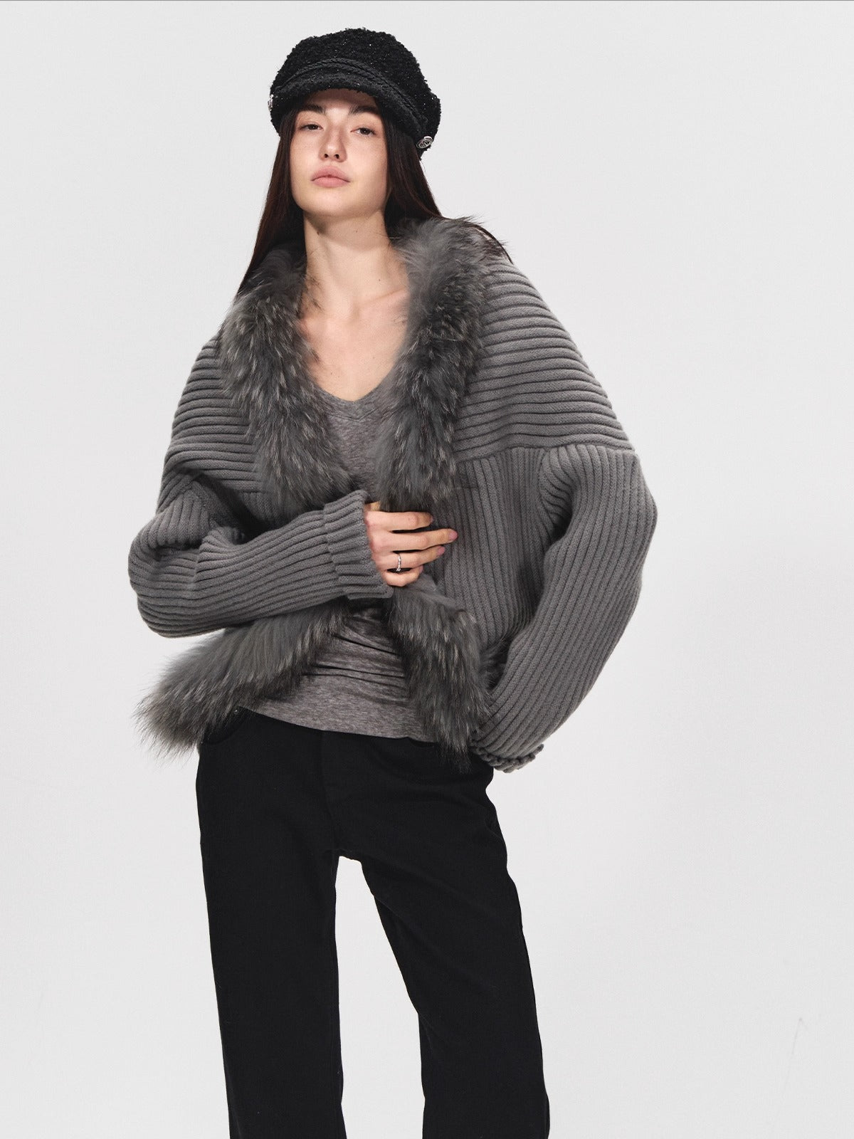 Detachable Collar Batwing Sleeve Cardigan