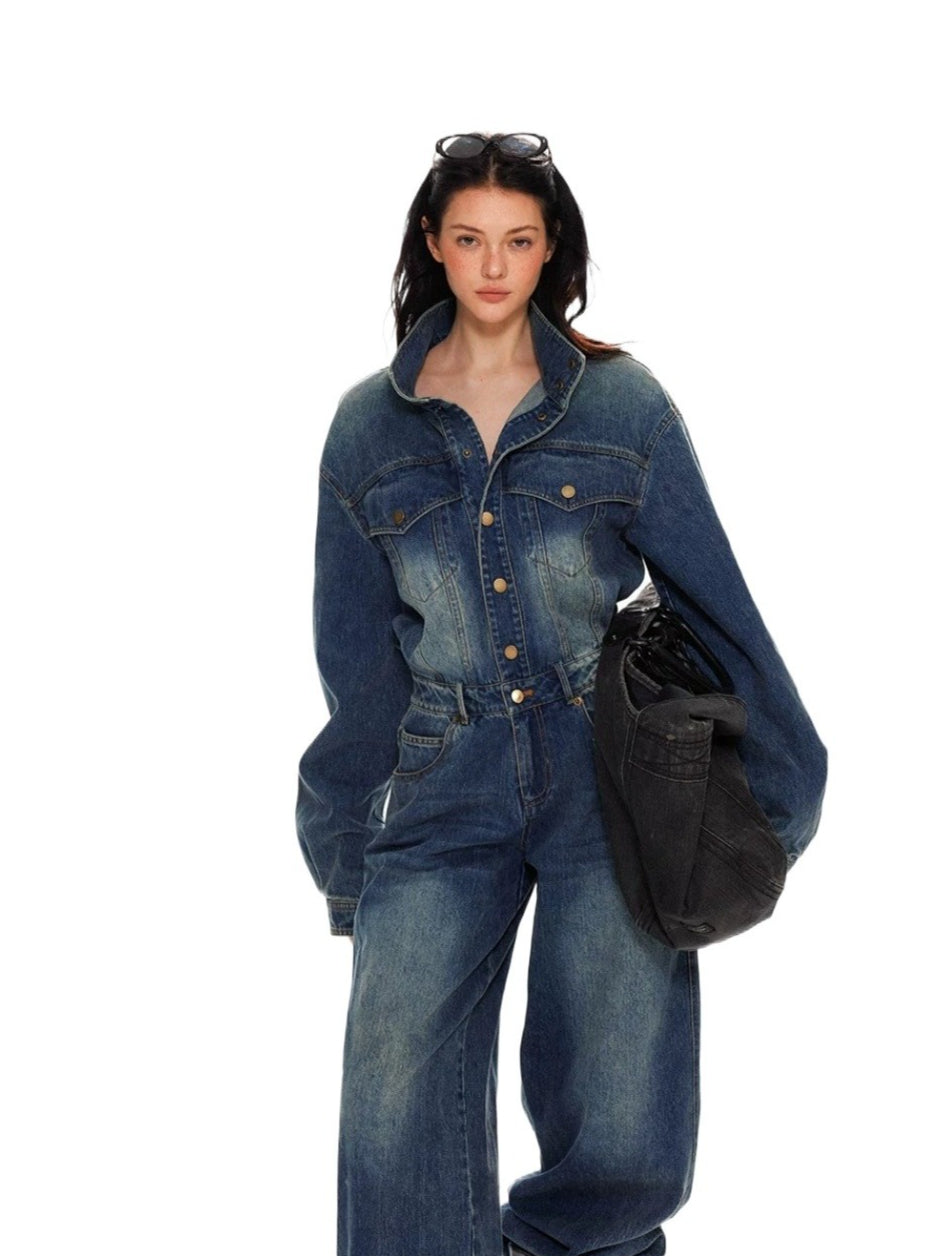 Vintage Washed Denim Wide Leg Jumpsuit