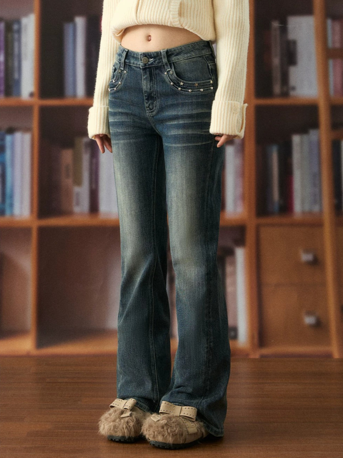 Vintage Star Studded Flared Denim Jeans
