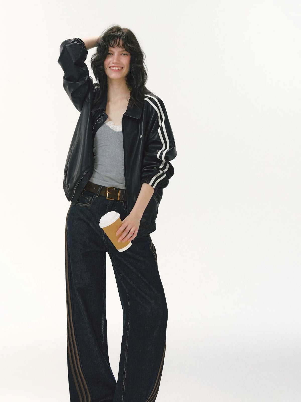 Ribbon Lapel PU Leather Jacket