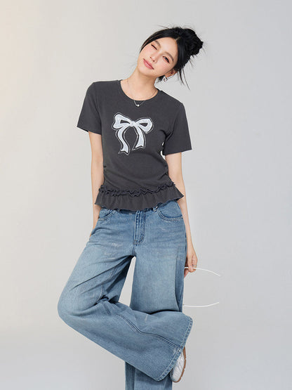 Ballet-style Bow-adorned Short sleeve Top