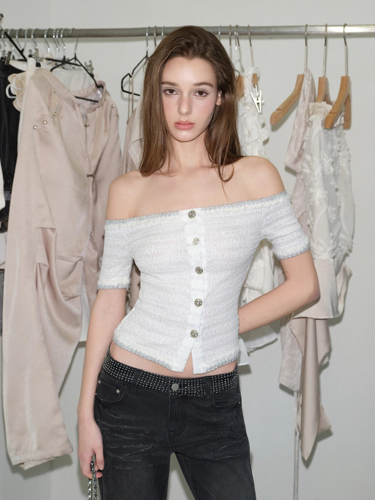 Gem Button Off Shoulder Top