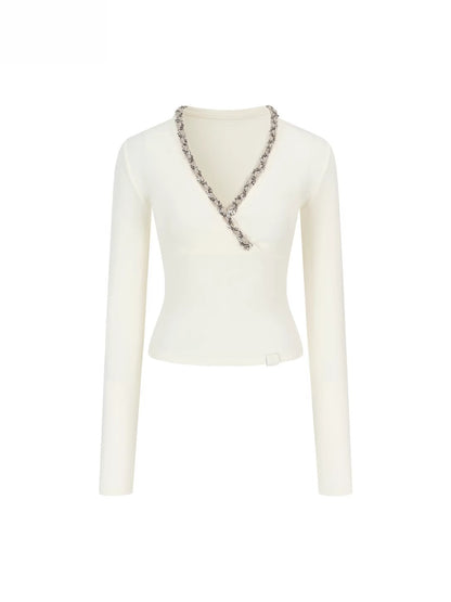 V-Neck Beaded Trim Knit Top