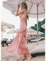 Net Fabric Halter Neck Backless High Slit Floral Print Dress