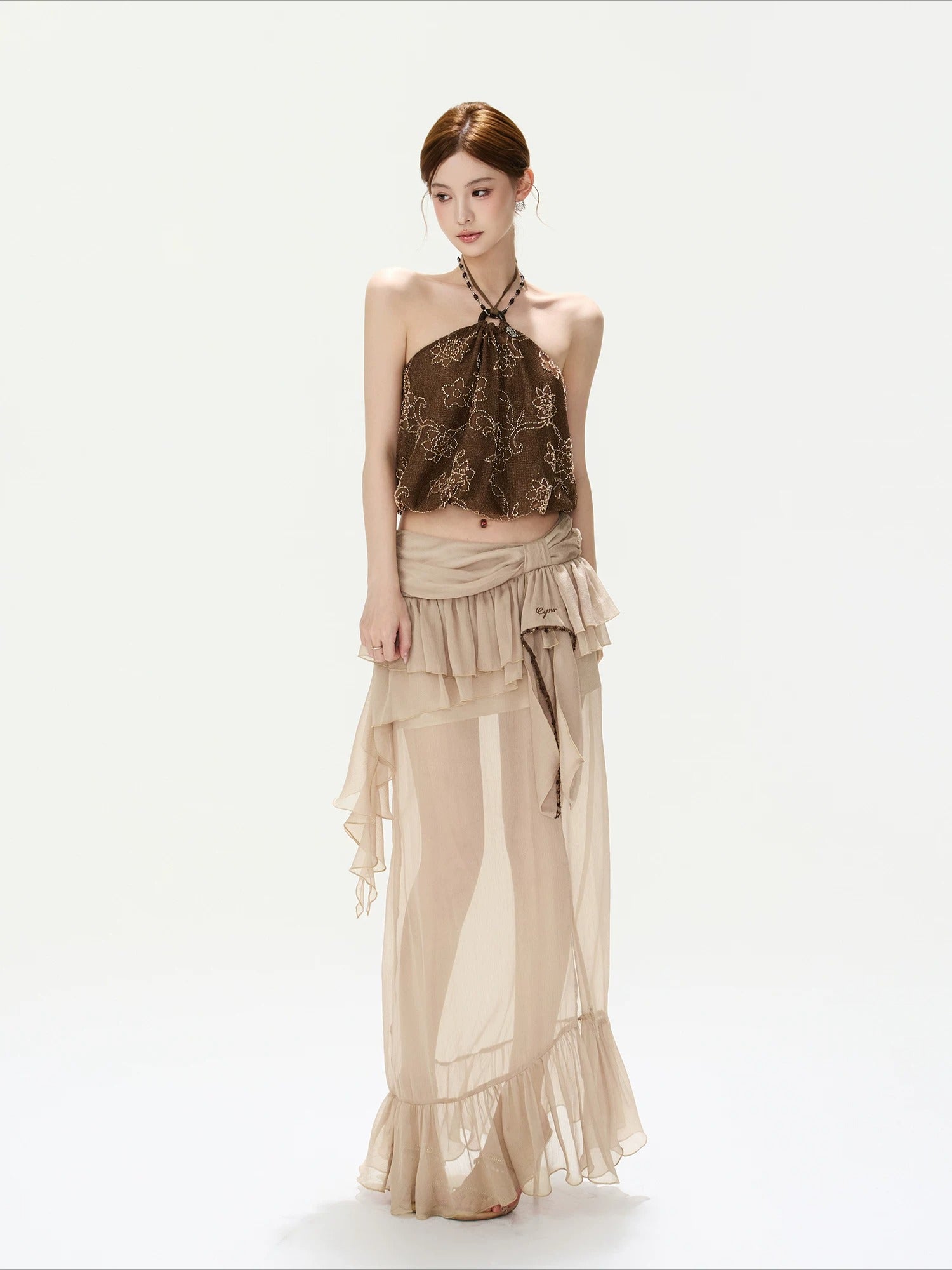 Bow-Waist Ruffle Maxi Skirt