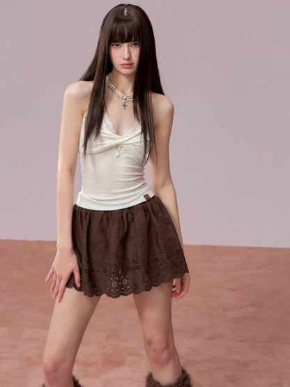 Embroidered Faux Suede A-Line Skirt