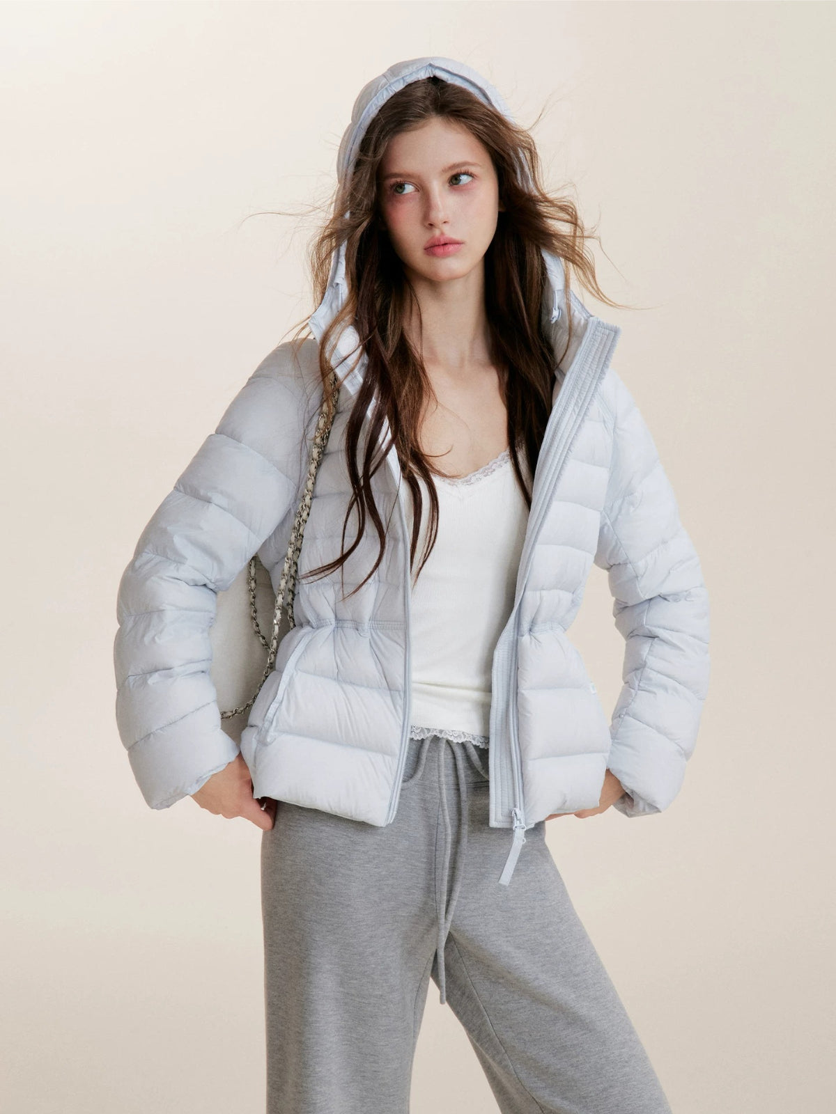 Drawstring Waist Hooded Down Jacket