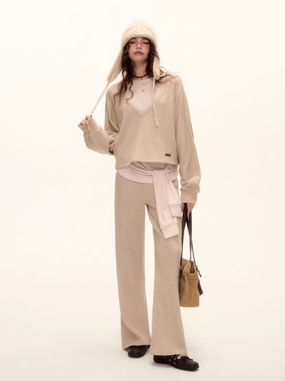 Waffle Knit V-Neck Pullover &amp; Tie Vest Set with Wide-Leg Pants