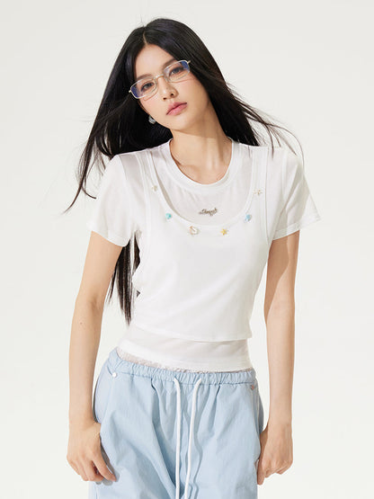Fake Two-piece Cool Tie-front Regular Shoulder T-shirt