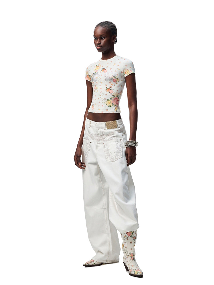Floral Print Rhinestones Regular-shoulder T-shirt