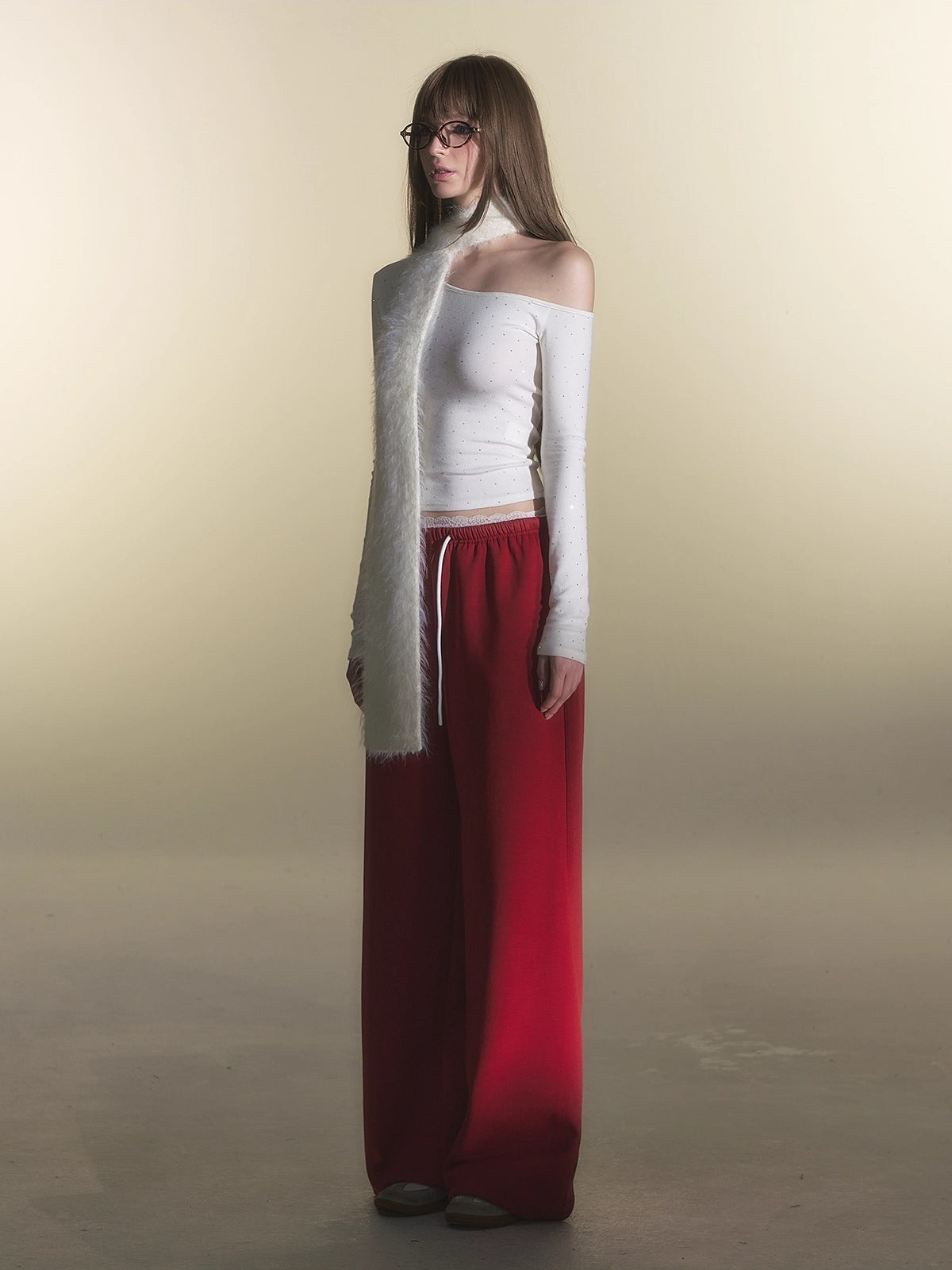 Red Lace Panel Fleece-Lined Sweatpants