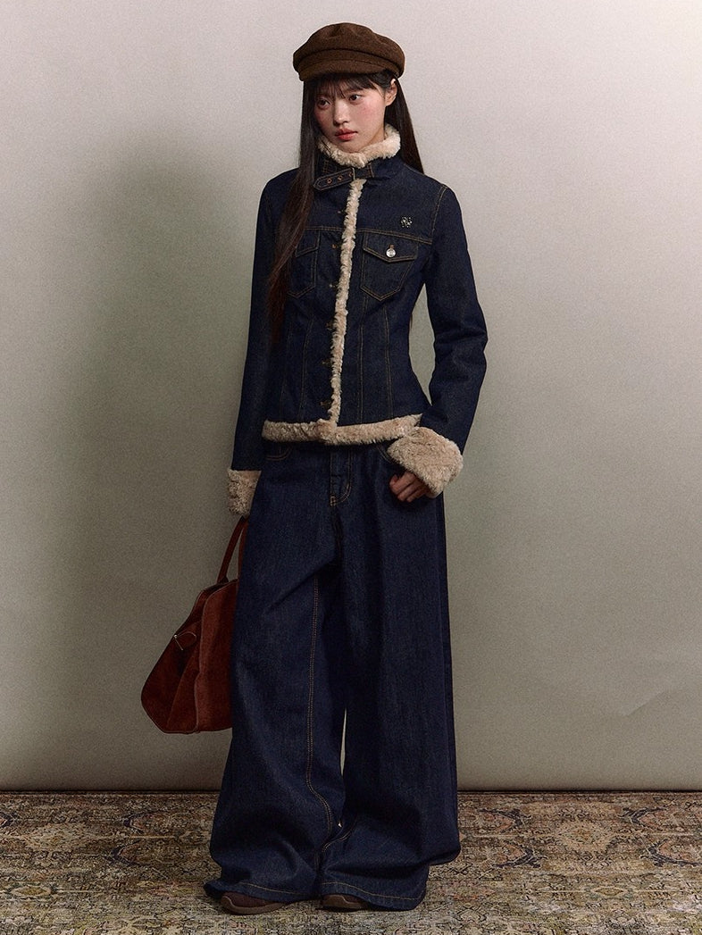 Denim Panel Fur-Trim Down Jacket